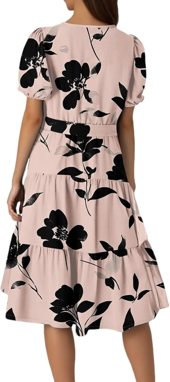 Womens Summer Floral Midi Dresses with Pockets Short Sleeve Crew Neck Waistband Boho Layered Ruffle Flowy Beach Dress