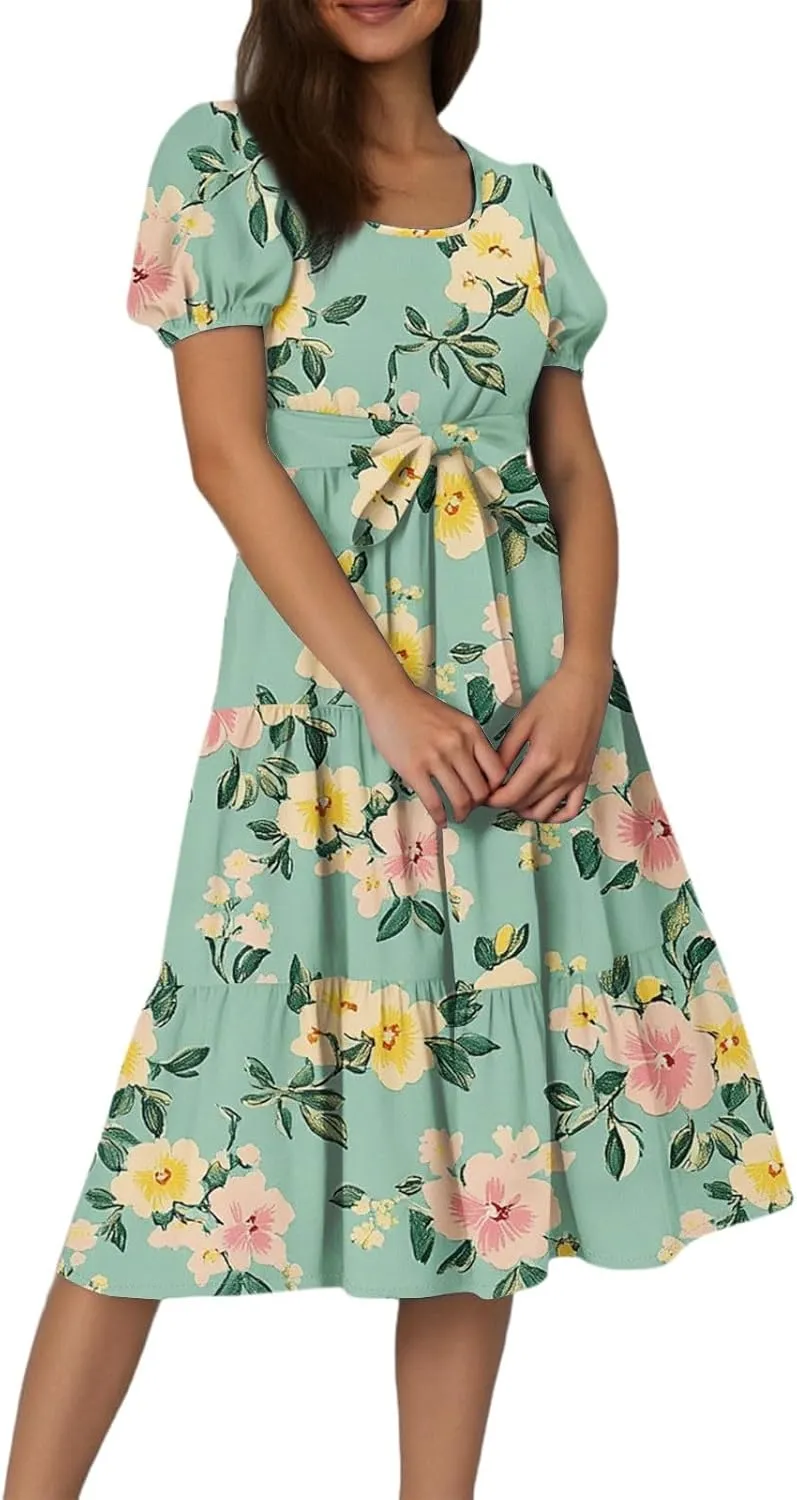 Womens Summer Floral Midi Dresses with Pockets Short Sleeve Crew Neck Waistband Boho Layered Ruffle Flowy Beach Dress