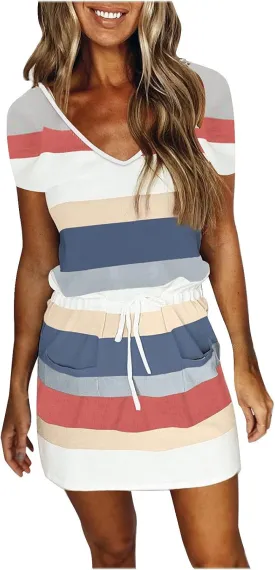 Women's V Neck Summer Dresses Striped Casual Hide Belly Mini Dress Drawstring Waist Short Dresses with Pockets