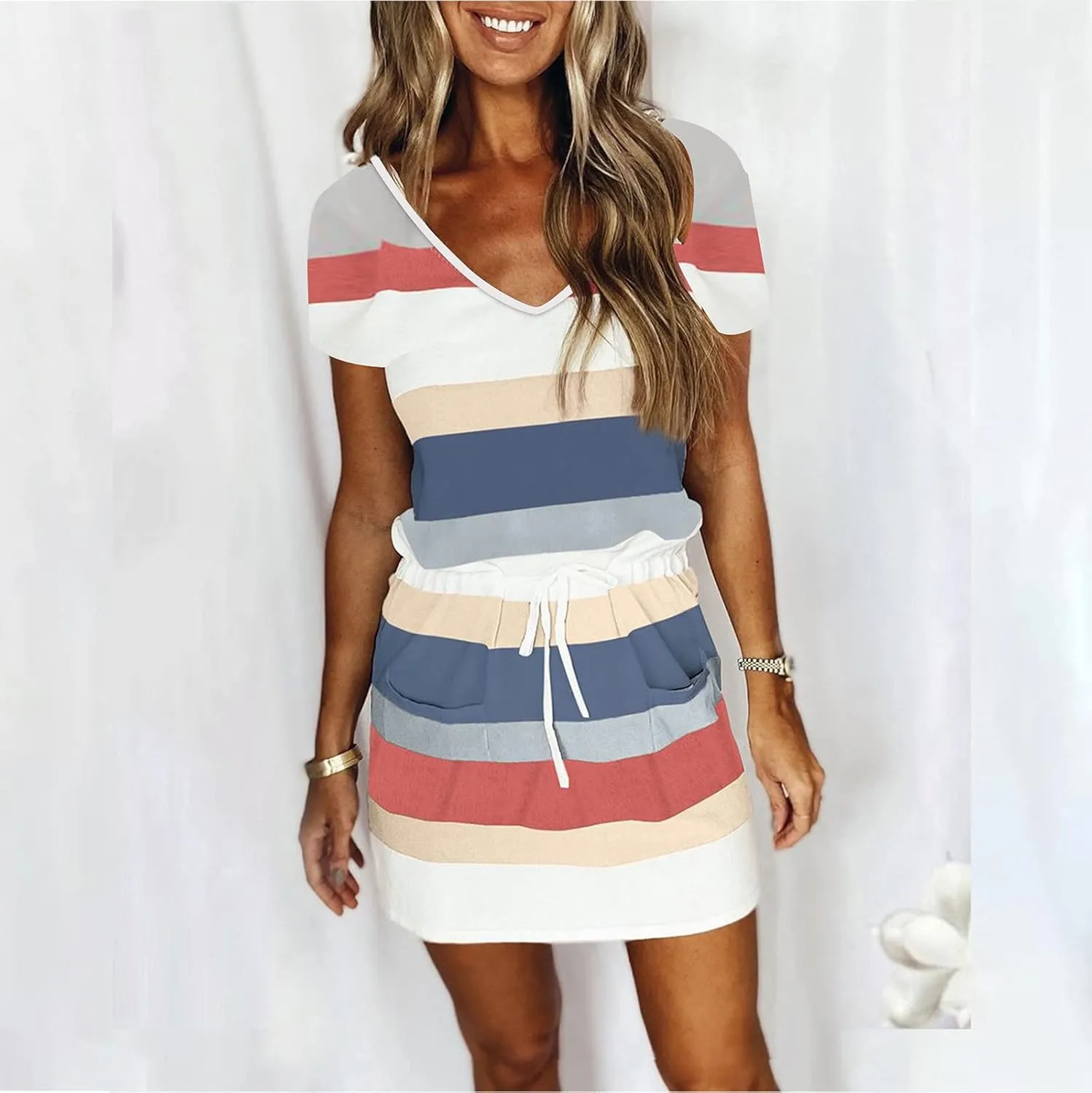 Women's V Neck Summer Dresses Striped Casual Hide Belly Mini Dress Drawstring Waist Short Dresses with Pockets