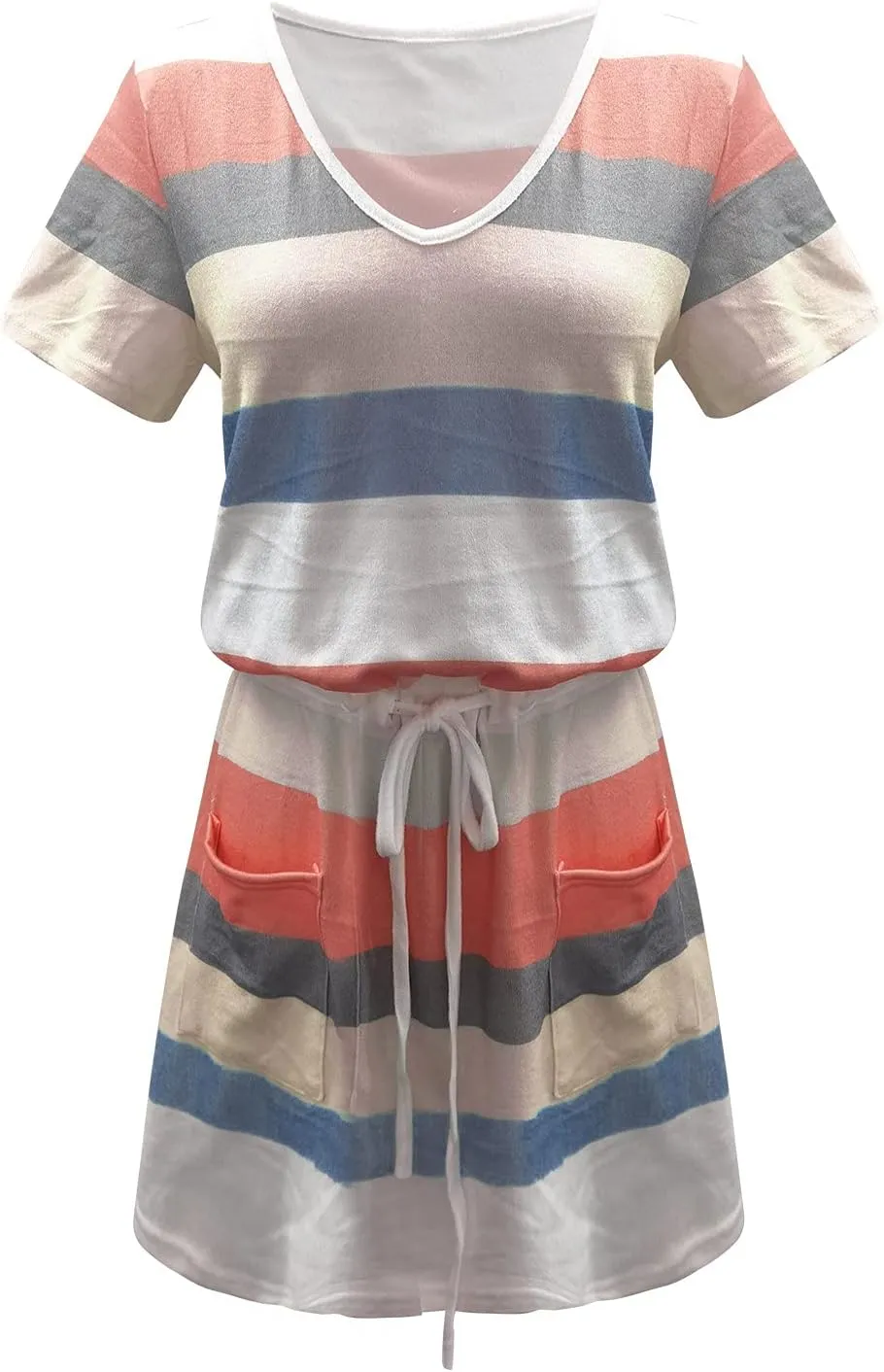Women's V Neck Summer Dresses Striped Casual Hide Belly Mini Dress Drawstring Waist Short Dresses with Pockets