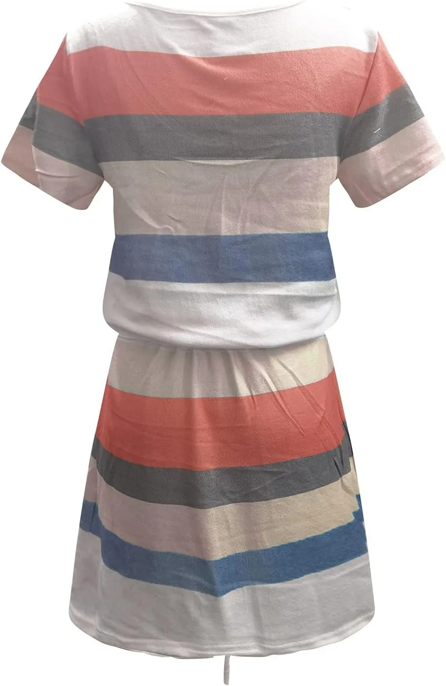 Women's V Neck Summer Dresses Striped Casual Hide Belly Mini Dress Drawstring Waist Short Dresses with Pockets