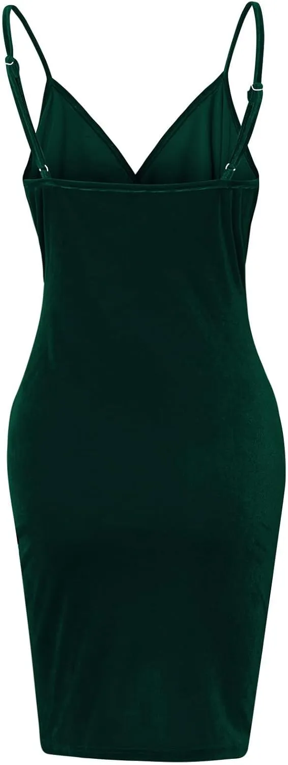 XUNRYAN Women Velvet Dresses Sexy Bodycon Spaghetti Strap Short Mini Dress Evening Party Prom Ball Gown Disco Outfit Clubwear