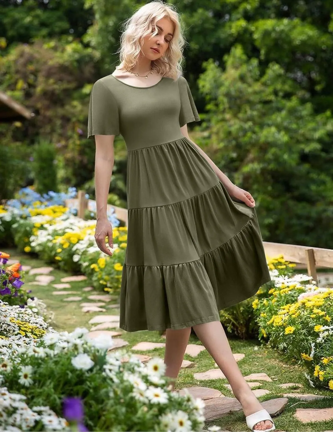 Zeagoo Women's Summer Dress Midi Floral Flutter Short Sleeve Casual Dresses with Pockets Tiered Flowy Boho Beach Dress