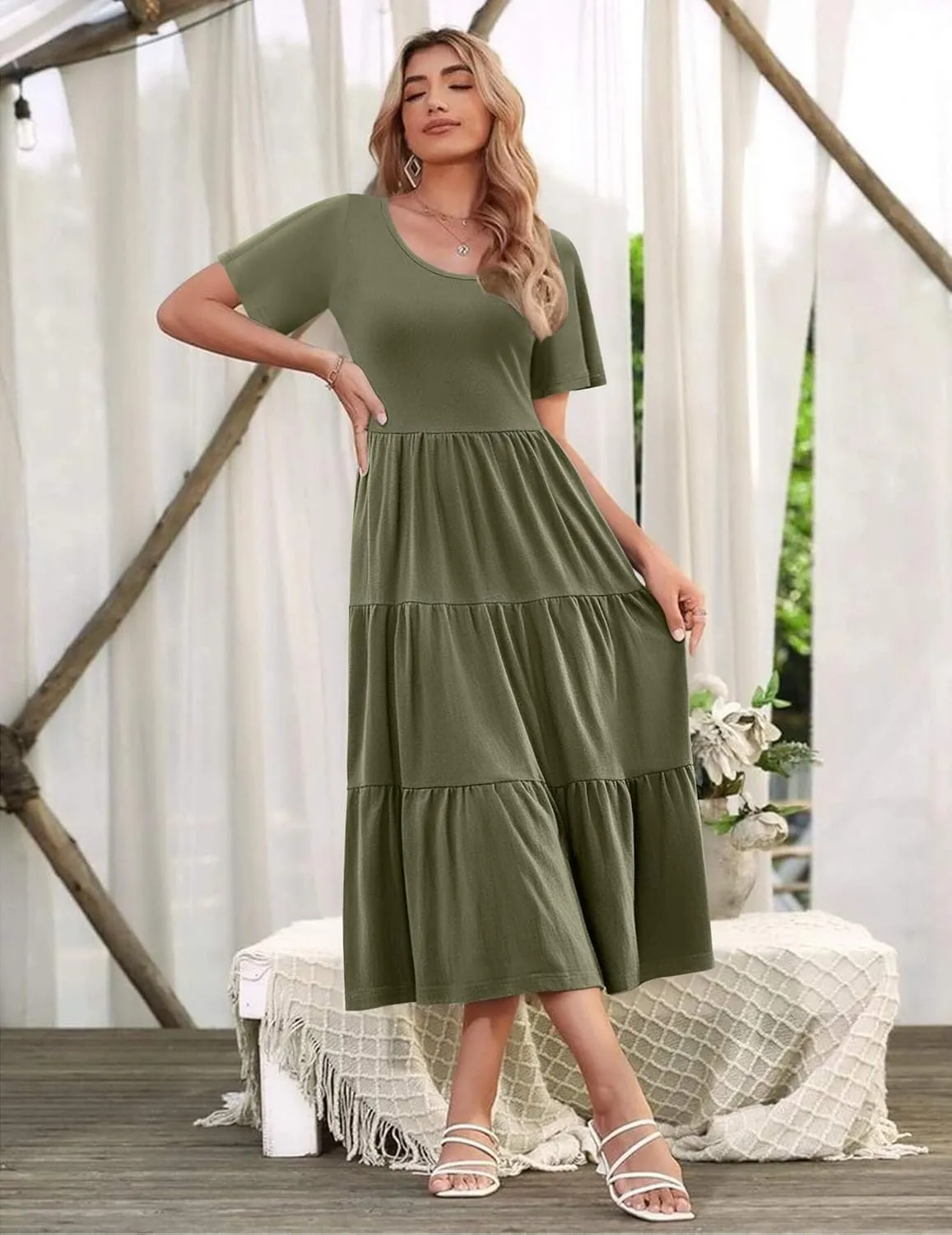Zeagoo Women's Summer Dress Midi Floral Flutter Short Sleeve Casual Dresses with Pockets Tiered Flowy Boho Beach Dress