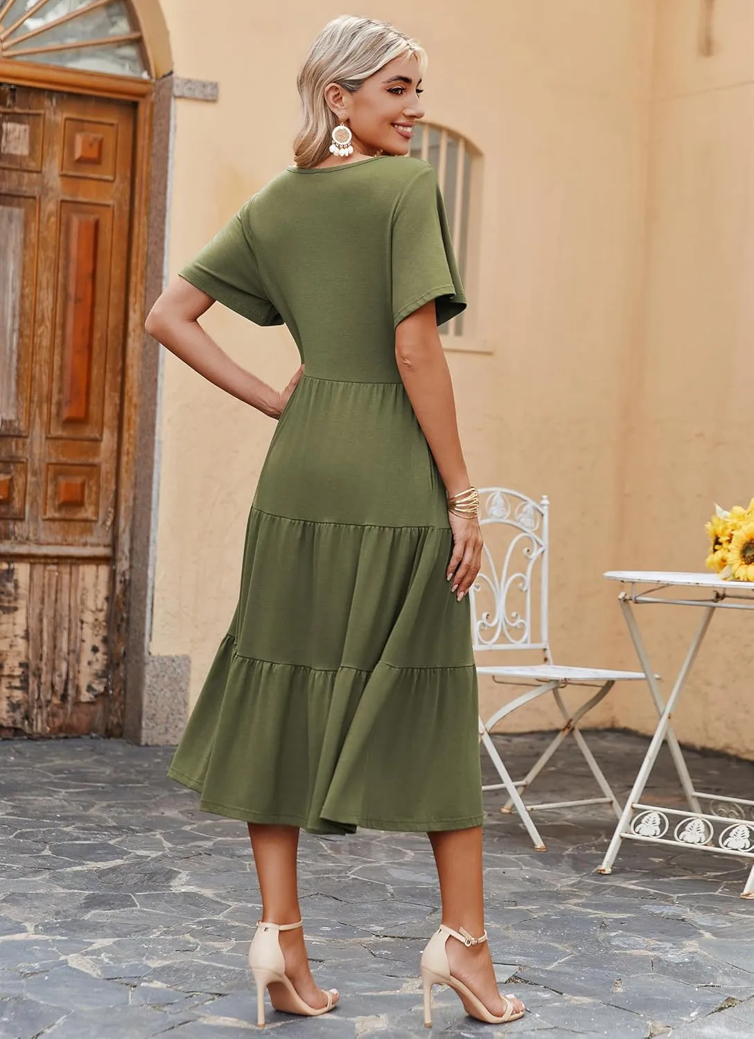 Zeagoo Women's Summer Dress Midi Floral Flutter Short Sleeve Casual Dresses with Pockets Tiered Flowy Boho Beach Dress