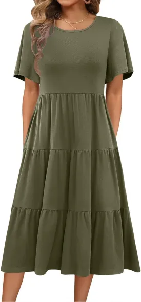 Zeagoo Women's Summer Dress Midi Floral Flutter Short Sleeve Casual Dresses with Pockets Tiered Flowy Boho Beach Dress