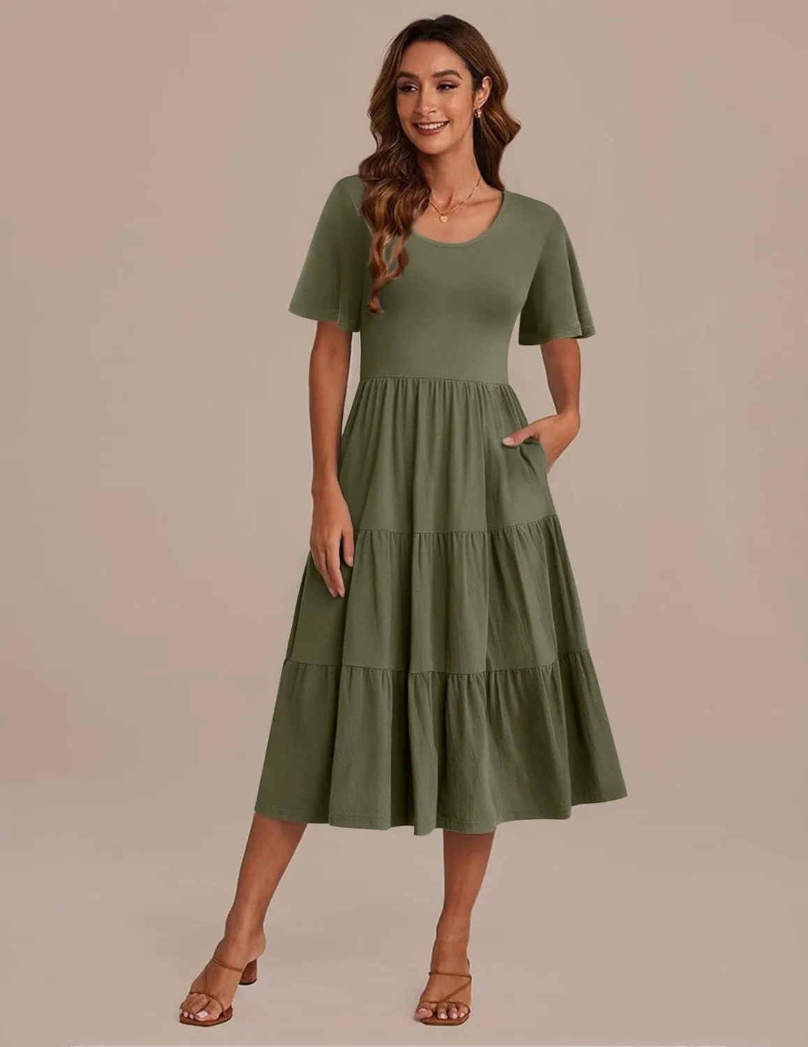 Zeagoo Women's Summer Dress Midi Floral Flutter Short Sleeve Casual Dresses with Pockets Tiered Flowy Boho Beach Dress