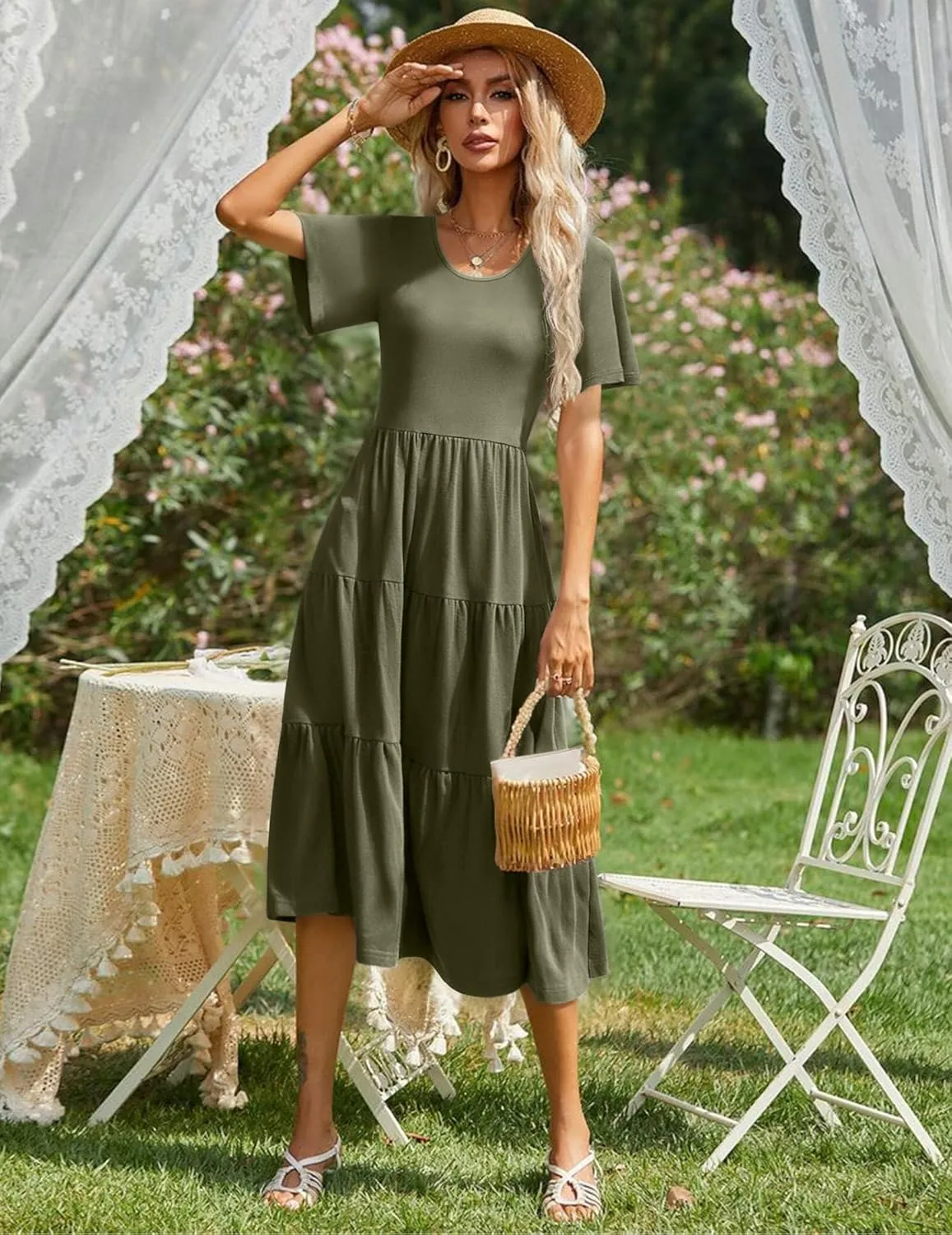 Zeagoo Women's Summer Dress Midi Floral Flutter Short Sleeve Casual Dresses with Pockets Tiered Flowy Boho Beach Dress