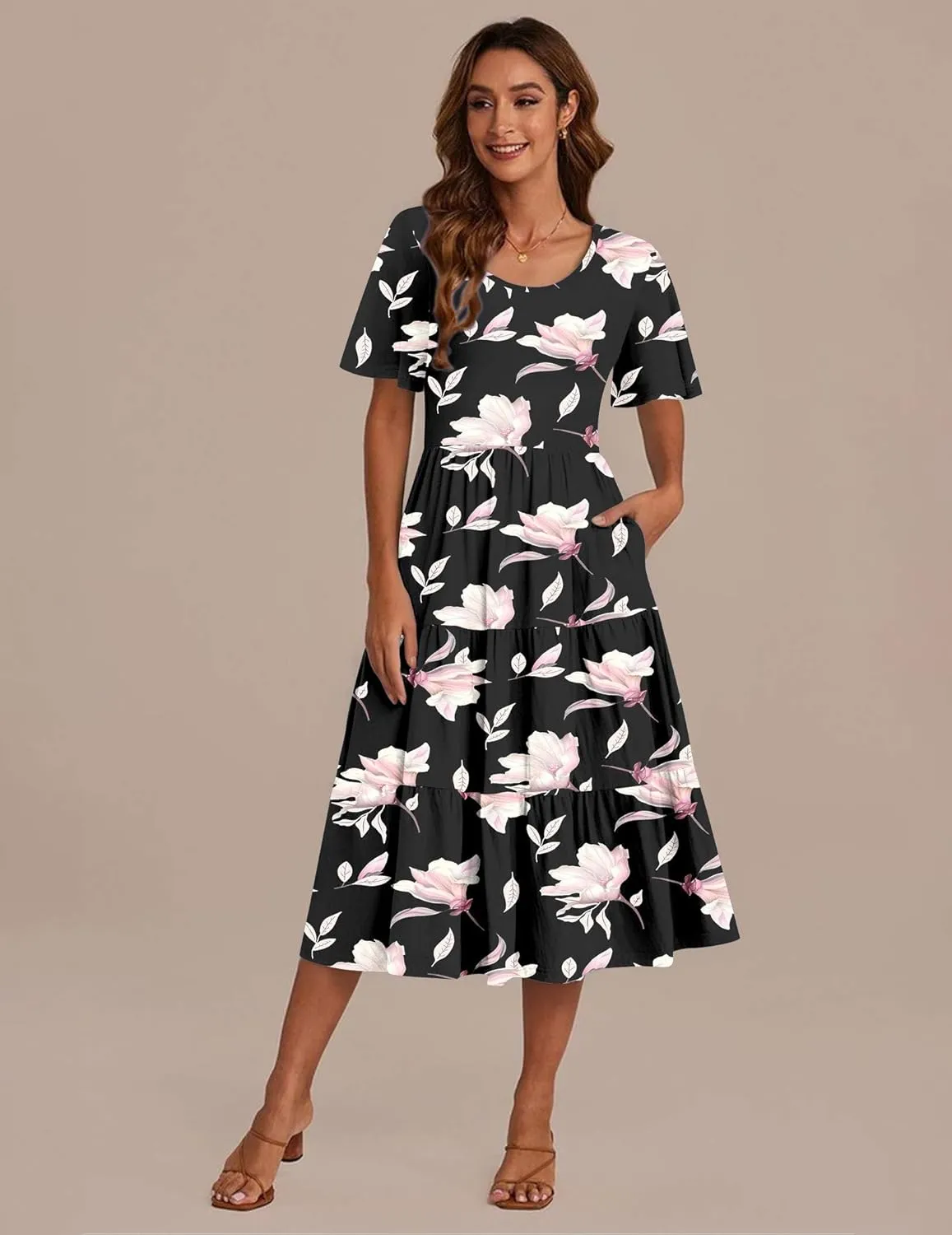 Zeagoo Women's Summer Dress Midi Floral Flutter Short Sleeve Casual Dresses with Pockets Tiered Flowy Boho Beach Dress