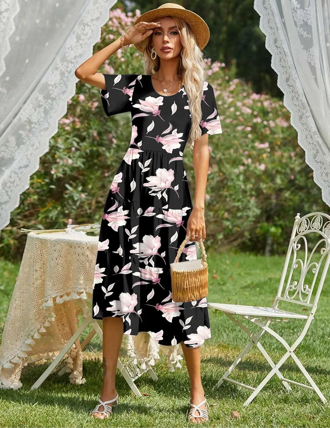 Zeagoo Women's Summer Dress Midi Floral Flutter Short Sleeve Casual Dresses with Pockets Tiered Flowy Boho Beach Dress