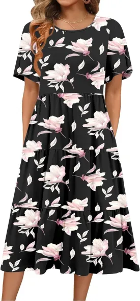 Zeagoo Women's Summer Dress Midi Floral Flutter Short Sleeve Casual Dresses with Pockets Tiered Flowy Boho Beach Dress