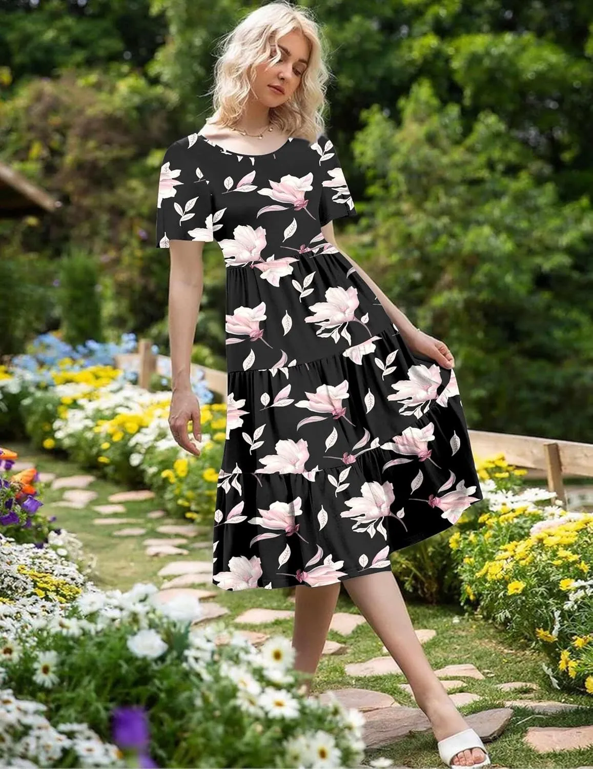Zeagoo Women's Summer Dress Midi Floral Flutter Short Sleeve Casual Dresses with Pockets Tiered Flowy Boho Beach Dress
